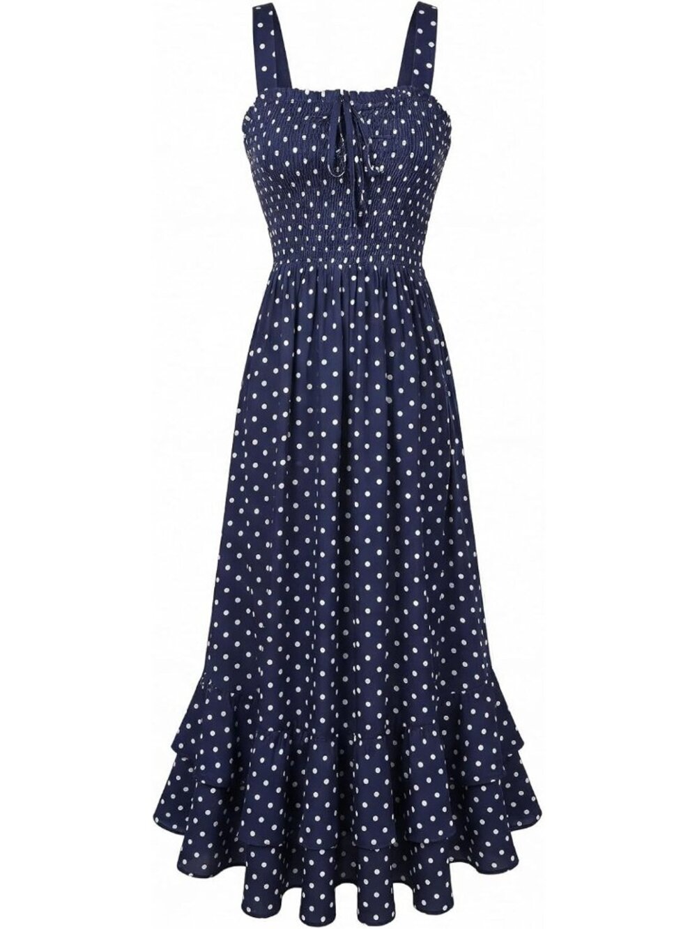 Women's Navy Blue Dots Square Neck Strapped A LINE Floral Boho Long Maxi Dress